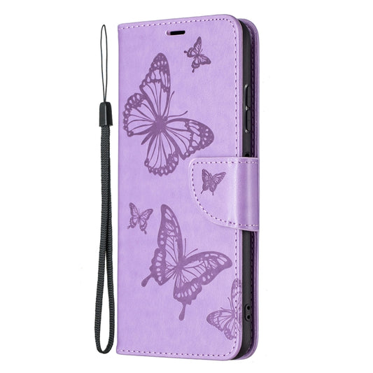 For Samsung Galaxy A22 5G Embossing Two Butterflies Pattern Horizontal Flip PU Leather Case with Holder & Card Slot & Wallet & Lanyard(Purple) by buy2fix