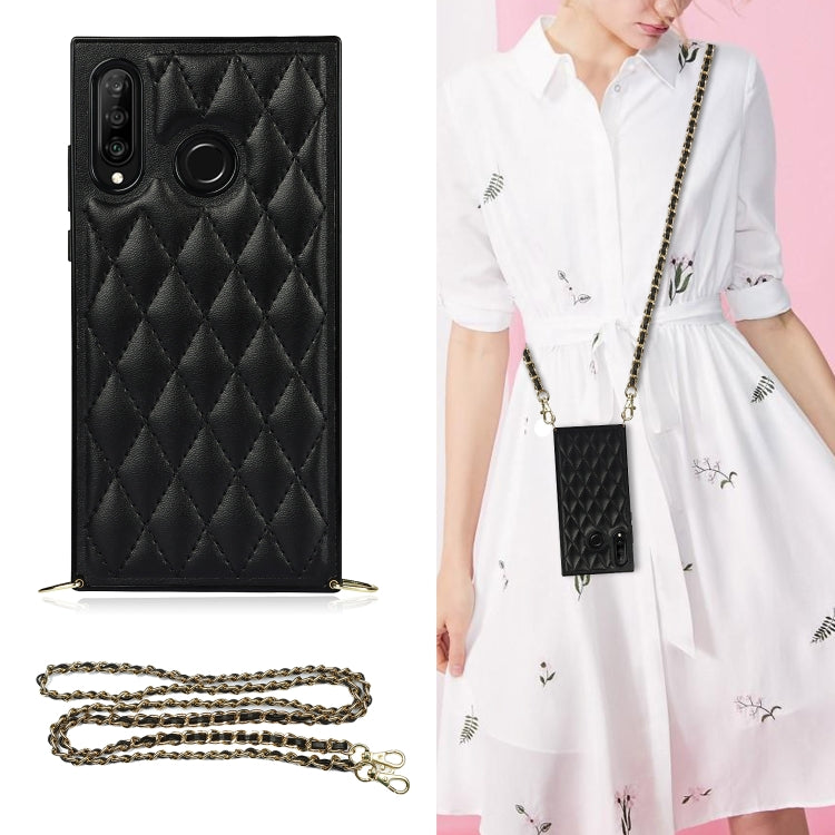 For Huawei P30 Lite Elegant Rhombic Pattern Microfiber Leather +TPU Shockproof Case with Crossbody Strap Chain(Black) - Huawei Cases by buy2fix | Online Shopping UK | buy2fix