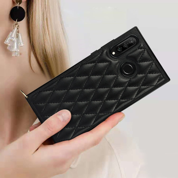For Huawei P30 Lite Elegant Rhombic Pattern Microfiber Leather +TPU Shockproof Case with Crossbody Strap Chain(Black) by buy2fix