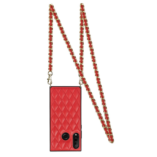 For Huawei P30 Lite Elegant Rhombic Pattern Microfiber Leather +TPU Shockproof Case with Crossbody Strap Chain(Red) by buy2fix