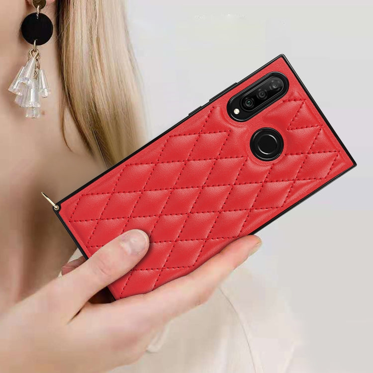 For Huawei P30 Lite Elegant Rhombic Pattern Microfiber Leather +TPU Shockproof Case with Crossbody Strap Chain(Red) by buy2fix