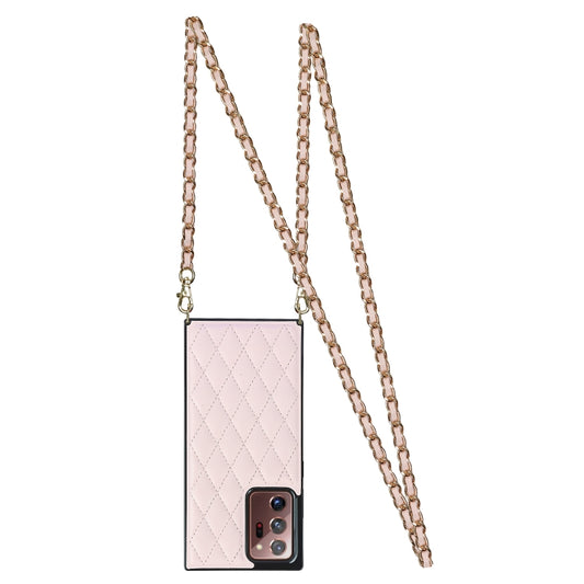 For Samsung Galaxy Note20 Ultra Elegant Rhombic Pattern Microfiber Leather +TPU Shockproof Case with Crossbody Strap Chain(Pink) by buy2fix