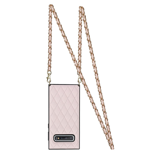 For Samsung Galaxy S10 Elegant Rhombic Pattern Microfiber Leather +TPU Shockproof Case with Crossbody Strap Chain(Pink) by buy2fix