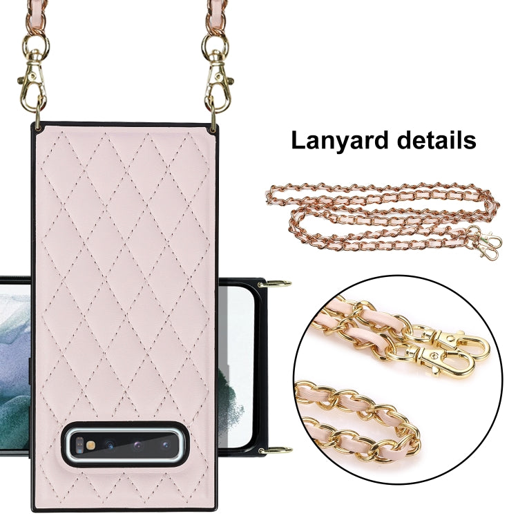For Samsung Galaxy S10 Elegant Rhombic Pattern Microfiber Leather +TPU Shockproof Case with Crossbody Strap Chain(Pink) by buy2fix