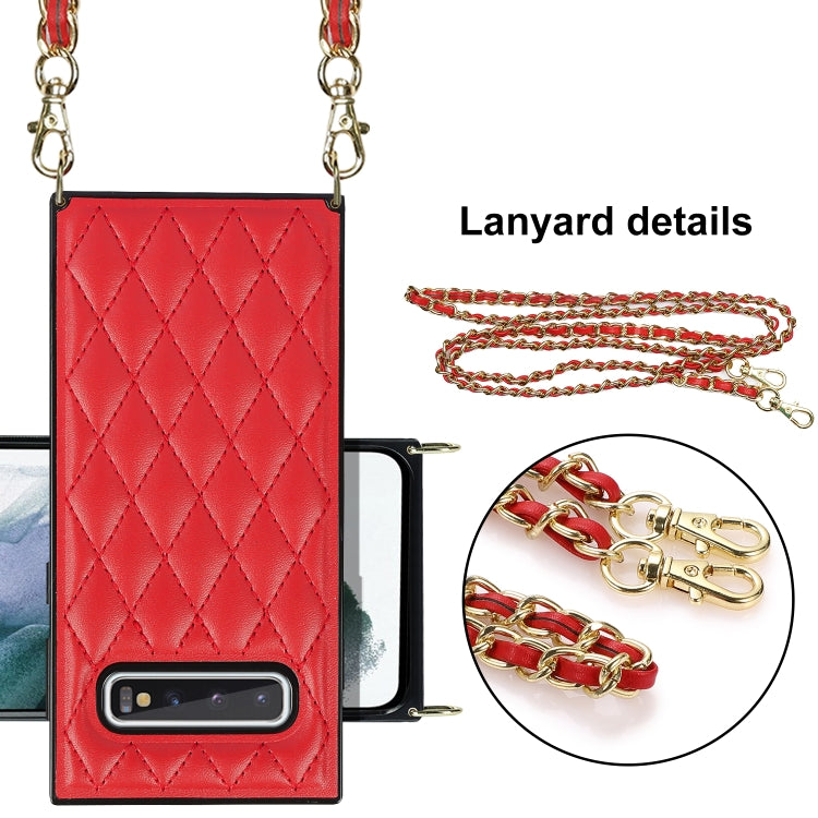 For Samsung Galaxy S10e Elegant Rhombic Pattern Microfiber Leather +TPU Shockproof Case with Crossbody Strap Chain(Red) by buy2fix