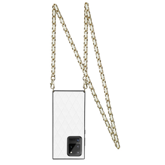 For Samsung Galaxy S20 Ultra Elegant Rhombic Pattern Microfiber Leather +TPU Shockproof Case with Crossbody Strap Chain(White) by buy2fix
