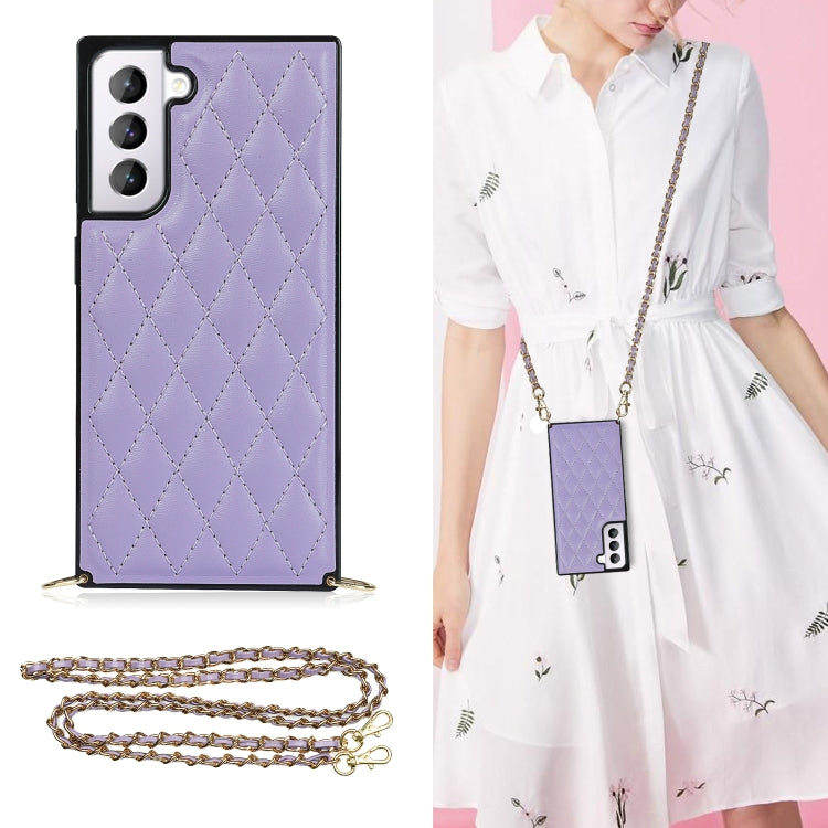 For Samsung Galaxy S21 5G Elegant Rhombic Pattern Microfiber Leather +TPU Shockproof Case with Crossbody Strap Chain(Purple) - Galaxy S21 5G Cases by buy2fix | Online Shopping UK | buy2fix