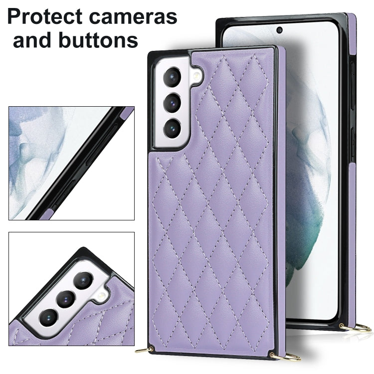 For Samsung Galaxy S21 5G Elegant Rhombic Pattern Microfiber Leather +TPU Shockproof Case with Crossbody Strap Chain(Purple) - Galaxy S21 5G Cases by buy2fix | Online Shopping UK | buy2fix