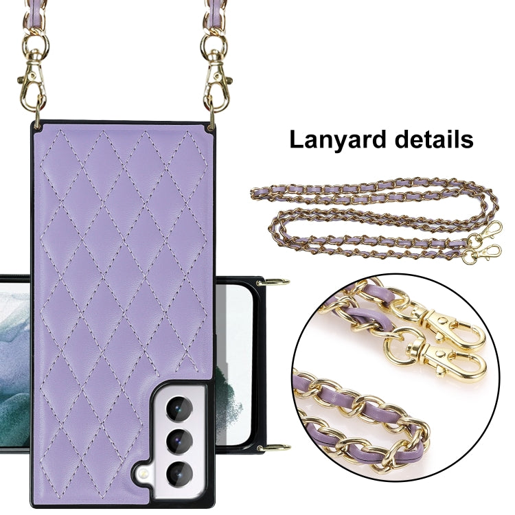 For Samsung Galaxy S21 5G Elegant Rhombic Pattern Microfiber Leather +TPU Shockproof Case with Crossbody Strap Chain(Purple) - Galaxy S21 5G Cases by buy2fix | Online Shopping UK | buy2fix