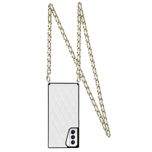 For Samsung Galaxy S21+ 5G Elegant Rhombic Pattern Microfiber Leather +TPU Shockproof Case with Crossbody Strap Chain(White) by buy2fix