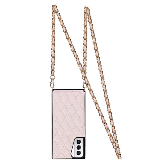 For Samsung Galaxy S21+ 5G Elegant Rhombic Pattern Microfiber Leather +TPU Shockproof Case with Crossbody Strap Chain(Pink) by buy2fix