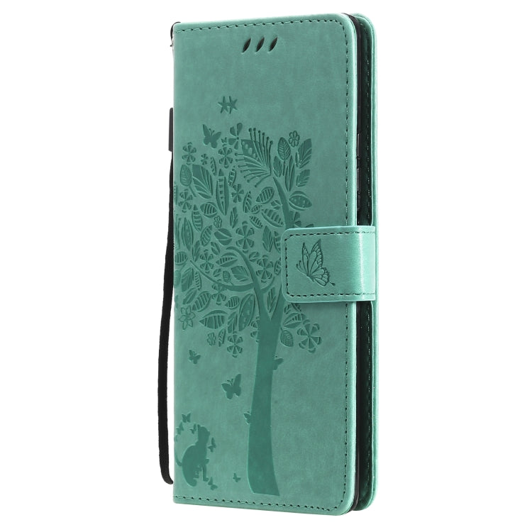 For Xiaomi Redmi Note 10 Pro Tree & Cat Pattern Pressed Printing Horizontal Flip PU Leather Case with Holder & Card Slots & Wallet & Lanyard(Green) - Xiaomi Cases by buy2fix | Online Shopping UK | buy2fix