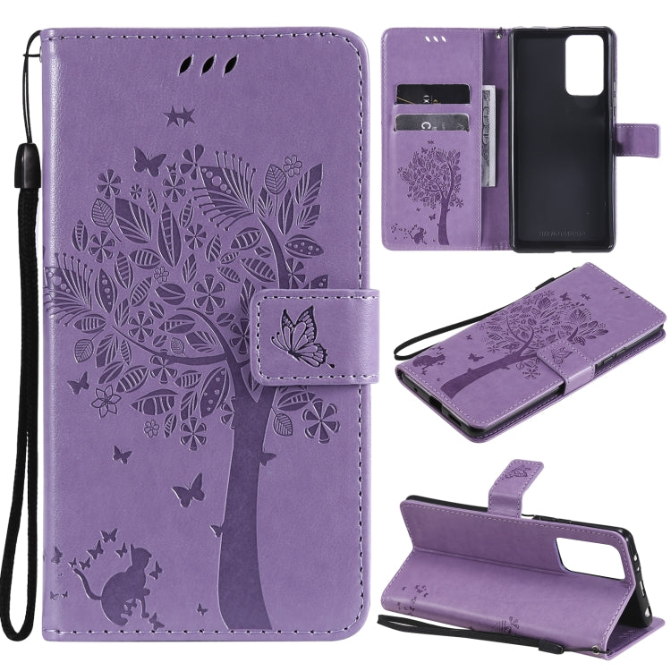 For Xiaomi Redmi Note 10 Pro Tree & Cat Pattern Pressed Printing Horizontal Flip PU Leather Case with Holder & Card Slots & Wallet & Lanyard(Light Purple) - Xiaomi Cases by buy2fix | Online Shopping UK | buy2fix