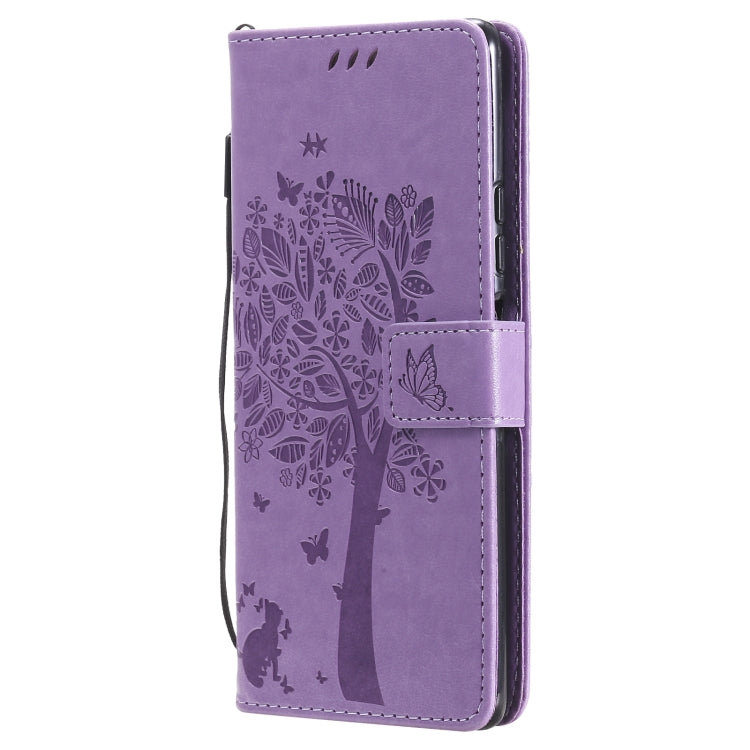 For Xiaomi Redmi Note 10 Pro Tree & Cat Pattern Pressed Printing Horizontal Flip PU Leather Case with Holder & Card Slots & Wallet & Lanyard(Light Purple) - Xiaomi Cases by buy2fix | Online Shopping UK | buy2fix