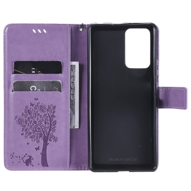 For Xiaomi Redmi Note 10 Pro Tree & Cat Pattern Pressed Printing Horizontal Flip PU Leather Case with Holder & Card Slots & Wallet & Lanyard(Light Purple) - Xiaomi Cases by buy2fix | Online Shopping UK | buy2fix