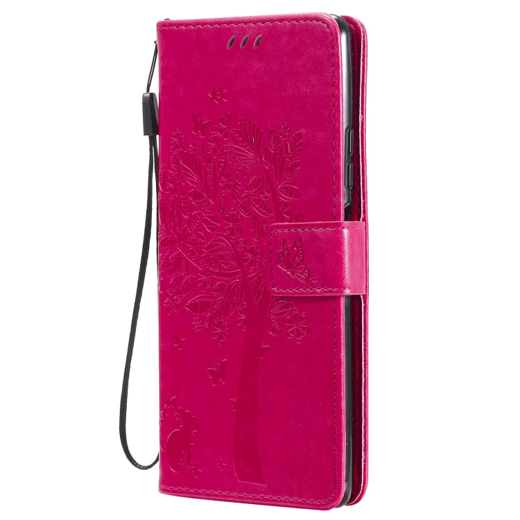 For Xiaomi Redmi Note 10 Pro Tree & Cat Pattern Pressed Printing Horizontal Flip PU Leather Case with Holder & Card Slots & Wallet & Lanyard(Rose Red) - Xiaomi Cases by buy2fix | Online Shopping UK | buy2fix