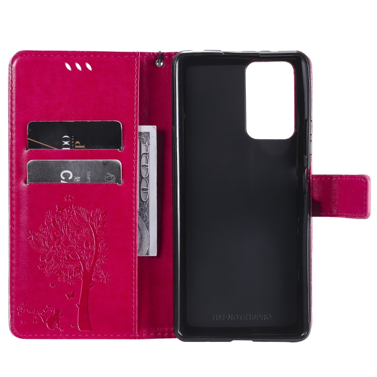 For Xiaomi Redmi Note 10 Pro Tree & Cat Pattern Pressed Printing Horizontal Flip PU Leather Case with Holder & Card Slots & Wallet & Lanyard(Rose Red) - Xiaomi Cases by buy2fix | Online Shopping UK | buy2fix