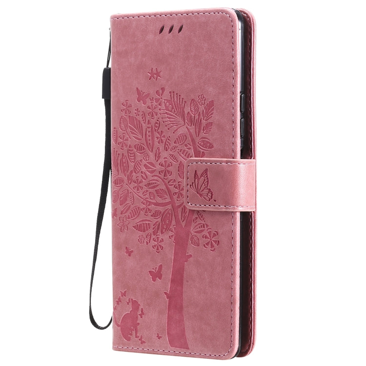 For Xiaomi Redmi Note 10 Pro Tree & Cat Pattern Pressed Printing Horizontal Flip PU Leather Case with Holder & Card Slots & Wallet & Lanyard(Pink) - Xiaomi Cases by buy2fix | Online Shopping UK | buy2fix