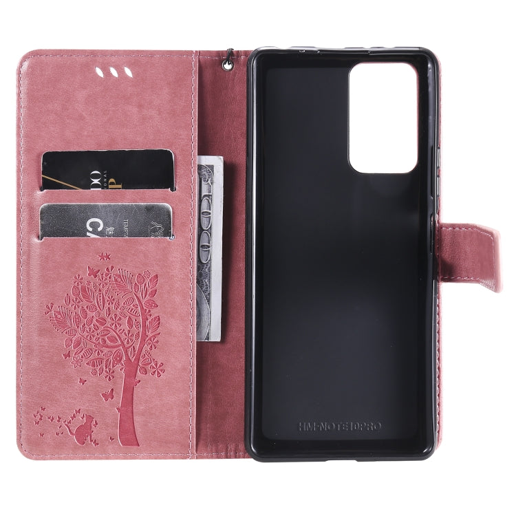 For Xiaomi Redmi Note 10 Pro Tree & Cat Pattern Pressed Printing Horizontal Flip PU Leather Case with Holder & Card Slots & Wallet & Lanyard(Pink) - Xiaomi Cases by buy2fix | Online Shopping UK | buy2fix