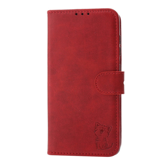 For Samsung Galaxy A52 5G / 4G Embossed Happy Cat Pattern Horizontal Flip Leather Case with Holder & Card Slots & Wallet(Red) by buy2fix