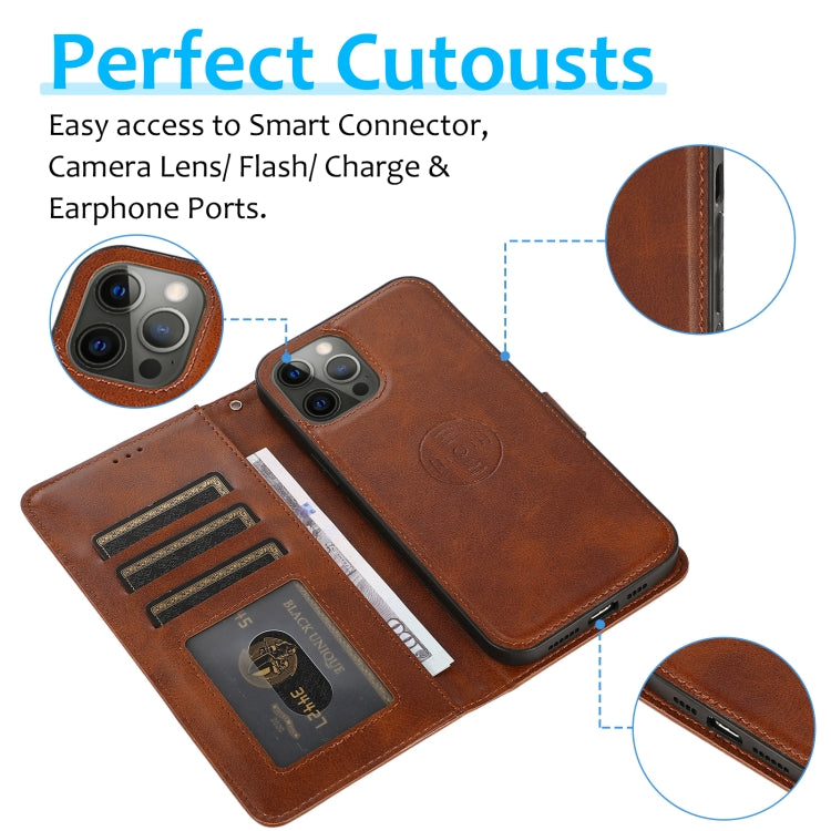 For iPhone 12 / 12 Pro Calf Texture 2 in 1 Detachable Magnetic Back Cover Horizontal Flip Leather Case with Holder & Card Slots & Wallet & Photo Frame(Brown) - iPhone 12 / 12 Pro Cases by buy2fix | Online Shopping UK | buy2fix