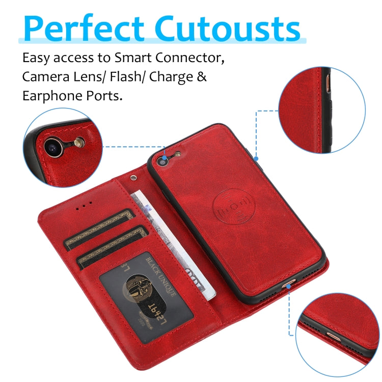 For iPhone SE 2022 / SE 2020 / 8 / 7 Calf Texture 2 in 1 Detachable Magnetic Back Cover Horizontal Flip Leather Case with Holder & Card Slots & Wallet & Photo Frame(Red) - iPhone SE 2022 / 2020 / 8 / 7 Cases by buy2fix | Online Shopping UK | buy2fix