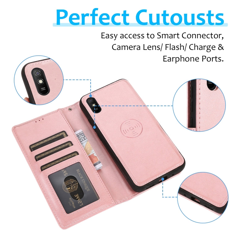 For Xiaomi Redmi 9A Calf Texture 2 in 1 Detachable Magnetic Back Cover Horizontal Flip Leather Case with Holder & Card Slots & Wallet & Photo Frame(Rose Gold) - Xiaomi Cases by buy2fix | Online Shopping UK | buy2fix