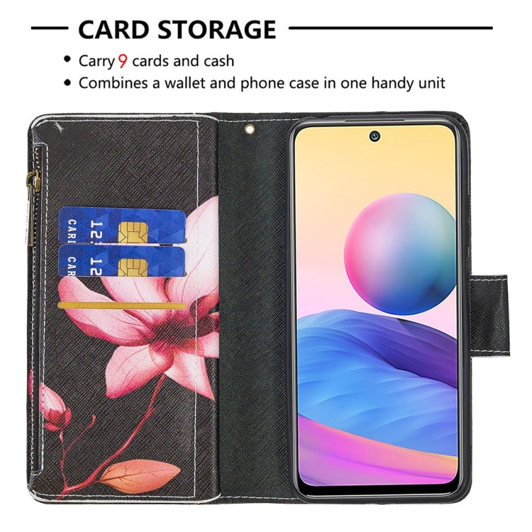 For Xiaomi Poco M3 Pro / Redmi Note 10 5G Colored Drawing Pattern Zipper Horizontal Flip Leather Case with Holder & Card Slots & Wallet(Lotus) - Xiaomi Cases by buy2fix | Online Shopping UK | buy2fix