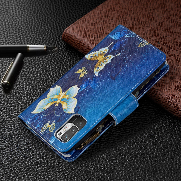 For Xiaomi Poco M3 Pro / Redmi Note 10 5G Colored Drawing Pattern Zipper Horizontal Flip Leather Case with Holder & Card Slots & Wallet(Gold Butterfly) - Xiaomi Cases by buy2fix | Online Shopping UK | buy2fix