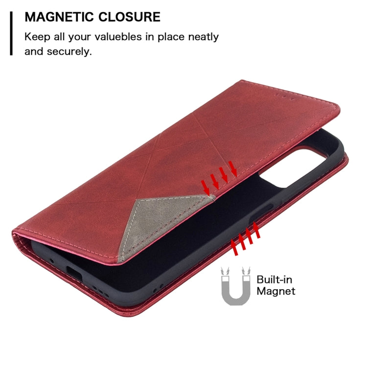 For Xiaomi Poco M3 Pro / Redmi Note 10 5G Rhombus Texture Horizontal Flip Magnetic Leather Case with Holder & Card Slots(Red) - Xiaomi Cases by buy2fix | Online Shopping UK | buy2fix