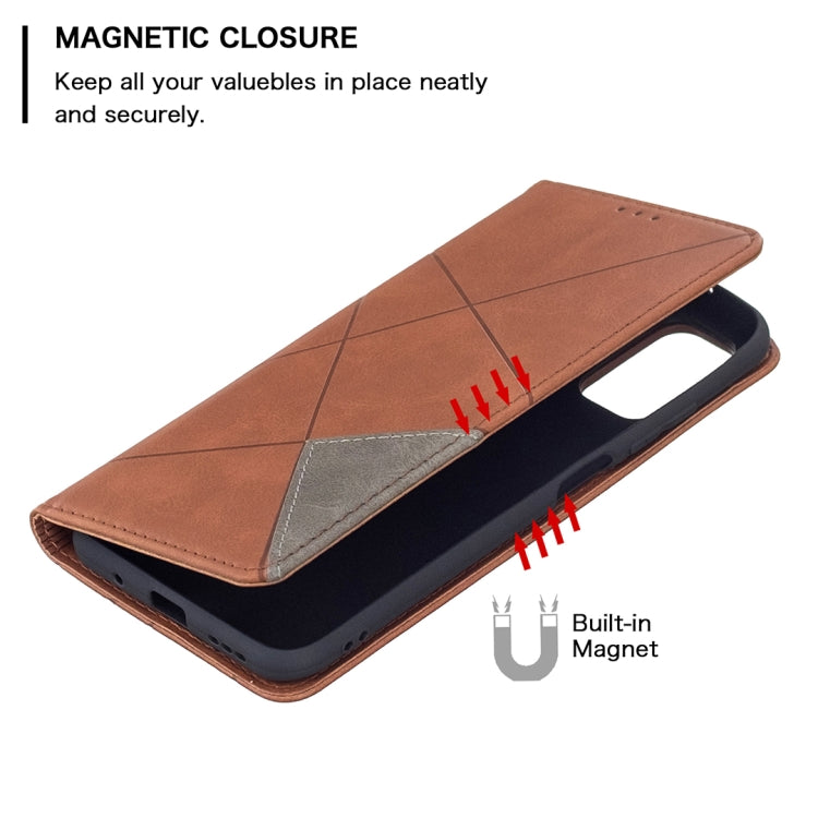 For Xiaomi Poco M3 Pro / Redmi Note 10 5G Rhombus Texture Horizontal Flip Magnetic Leather Case with Holder & Card Slots(Brown) - Xiaomi Cases by buy2fix | Online Shopping UK | buy2fix