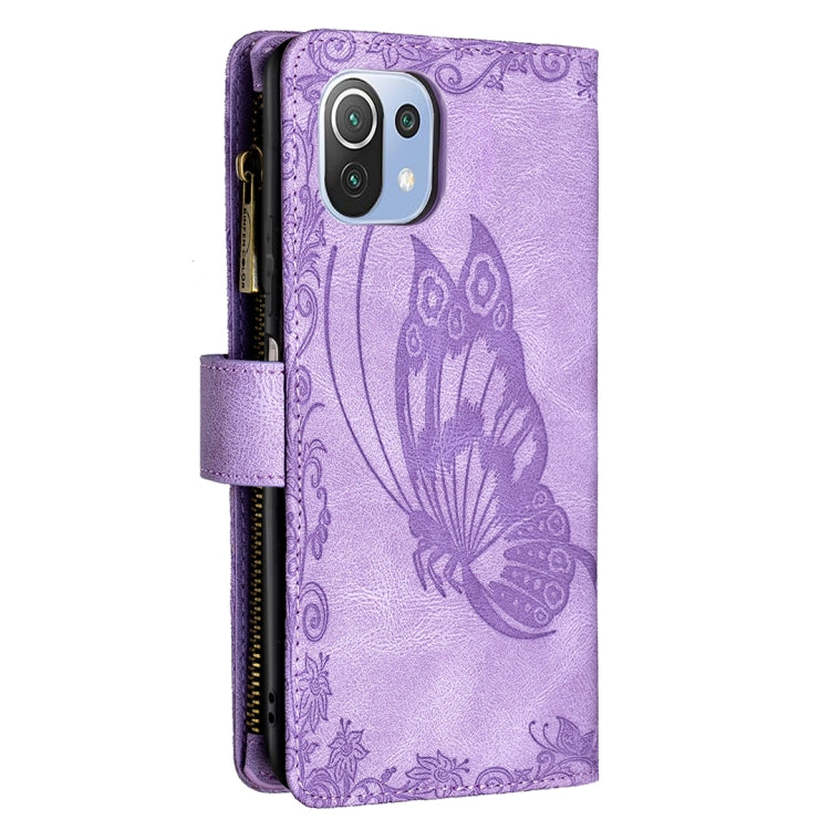 For Xiaomi Mi 11 Lite Flying Butterfly Embossing Pattern Zipper Horizontal Flip Leather Case with Holder & Card Slots & Wallet(Purple) - Xiaomi Cases by buy2fix | Online Shopping UK | buy2fix