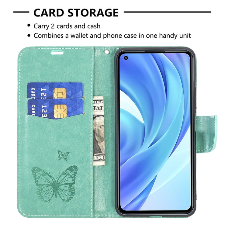 For Xiaomi Mi 11 Lite Embossing Two Butterflies Pattern Horizontal Flip PU Leather Case with Holder & Card Slot & Wallet & Lanyard(Green) - Xiaomi Cases by buy2fix | Online Shopping UK | buy2fix