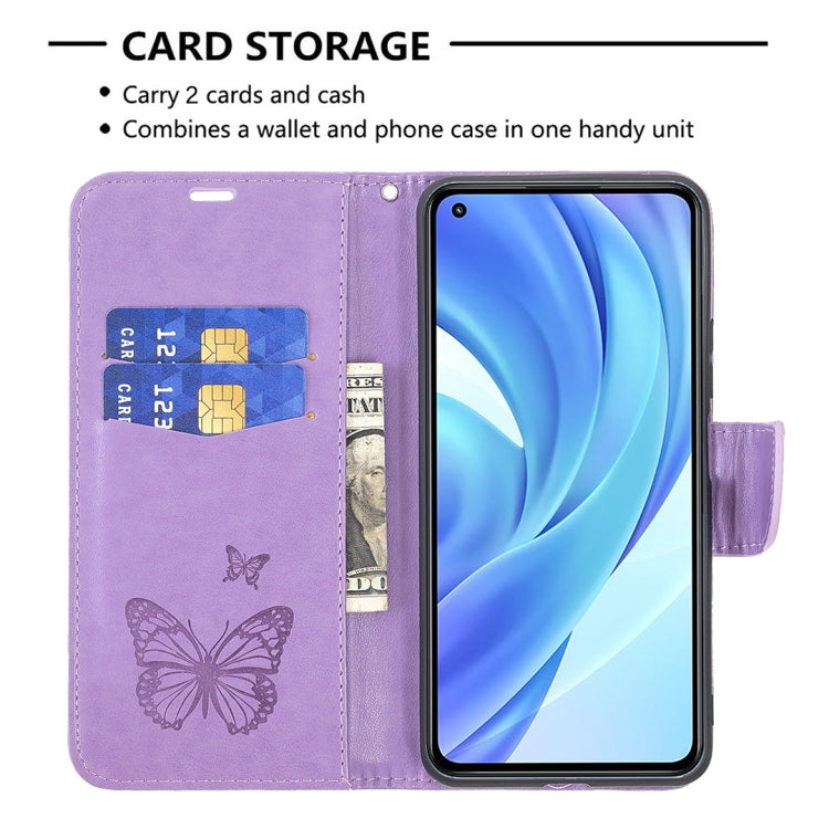 For Xiaomi Mi 11 Lite Embossing Two Butterflies Pattern Horizontal Flip PU Leather Case with Holder & Card Slot & Wallet & Lanyard(Purple) - Xiaomi Cases by buy2fix | Online Shopping UK | buy2fix