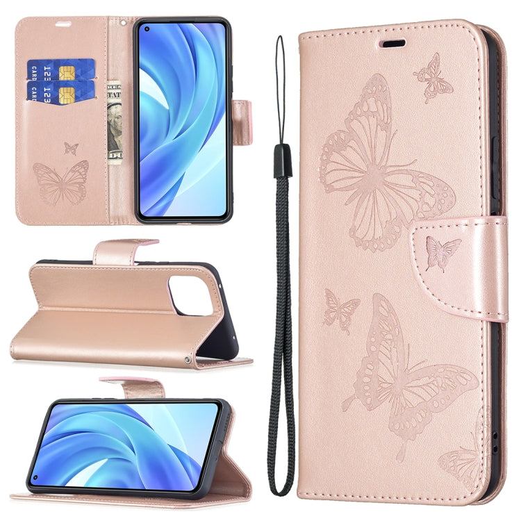 For Xiaomi Mi 11 Lite Embossing Two Butterflies Pattern Horizontal Flip PU Leather Case with Holder & Card Slot & Wallet & Lanyard(Rose Gold) - Xiaomi Cases by buy2fix | Online Shopping UK | buy2fix