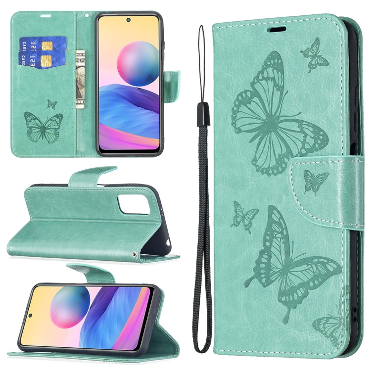 For Xiaomi Poco M3 Pro / Redmi Note 10 5G Embossing Two Butterflies Pattern Horizontal Flip PU Leather Case with Holder & Card Slot & Wallet & Lanyard(Green) - Xiaomi Cases by buy2fix | Online Shopping UK | buy2fix