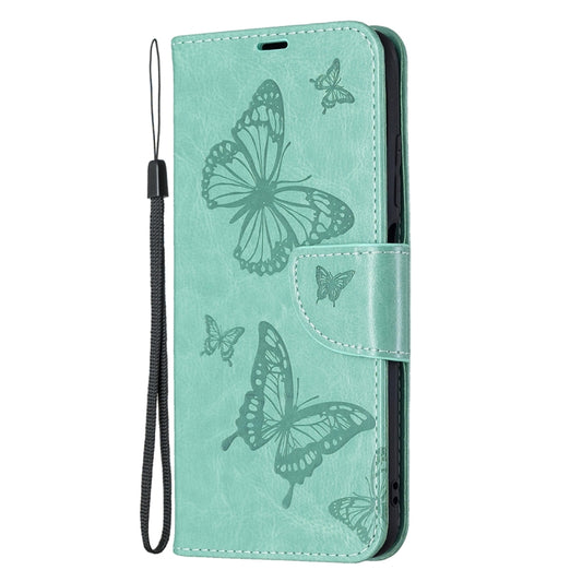 For Xiaomi Poco M3 Pro / Redmi Note 10 5G Embossing Two Butterflies Pattern Horizontal Flip PU Leather Case with Holder & Card Slot & Wallet & Lanyard(Green) by buy2fix