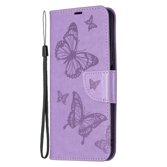 For Xiaomi Poco M3 Pro / Redmi Note 10 5G Embossing Two Butterflies Pattern Horizontal Flip PU Leather Case with Holder & Card Slot & Wallet & Lanyard(Purple) by buy2fix