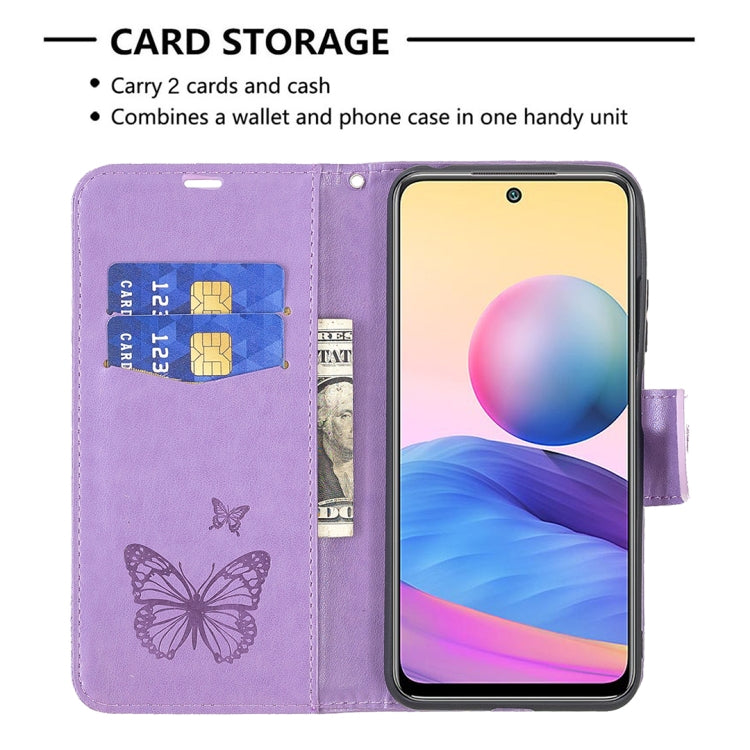 For Xiaomi Poco M3 Pro / Redmi Note 10 5G Embossing Two Butterflies Pattern Horizontal Flip PU Leather Case with Holder & Card Slot & Wallet & Lanyard(Purple) - Xiaomi Cases by buy2fix | Online Shopping UK | buy2fix