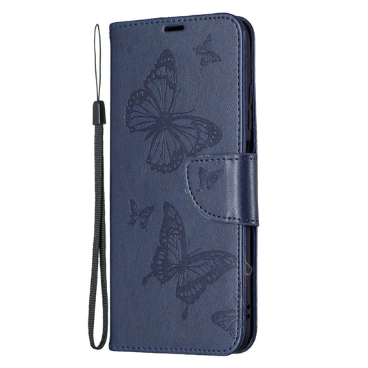 For Xiaomi Poco M3 Pro / Redmi Note 10 5G Embossing Two Butterflies Pattern Horizontal Flip PU Leather Case with Holder & Card Slot & Wallet & Lanyard(Blue) by buy2fix