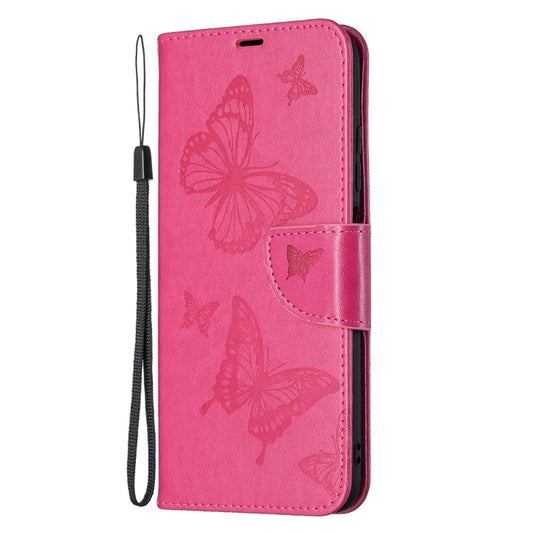 For Xiaomi Poco M3 Pro / Redmi Note 10 5G Embossing Two Butterflies Pattern Horizontal Flip PU Leather Case with Holder & Card Slot & Wallet & Lanyard(Rose Red) by buy2fix