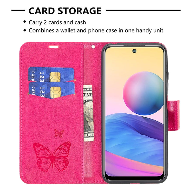 For Xiaomi Poco M3 Pro / Redmi Note 10 5G Embossing Two Butterflies Pattern Horizontal Flip PU Leather Case with Holder & Card Slot & Wallet & Lanyard(Rose Red) - Xiaomi Cases by buy2fix | Online Shopping UK | buy2fix