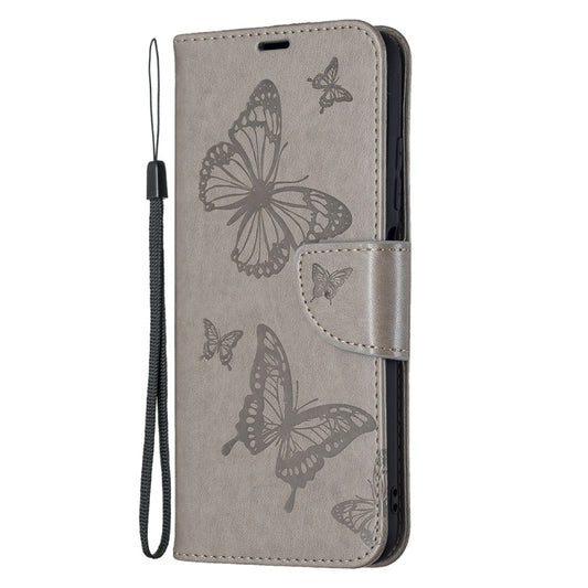 For Xiaomi Poco M3 Pro / Redmi Note 10 5G Embossing Two Butterflies Pattern Horizontal Flip PU Leather Case with Holder & Card Slot & Wallet & Lanyard(Grey) by buy2fix