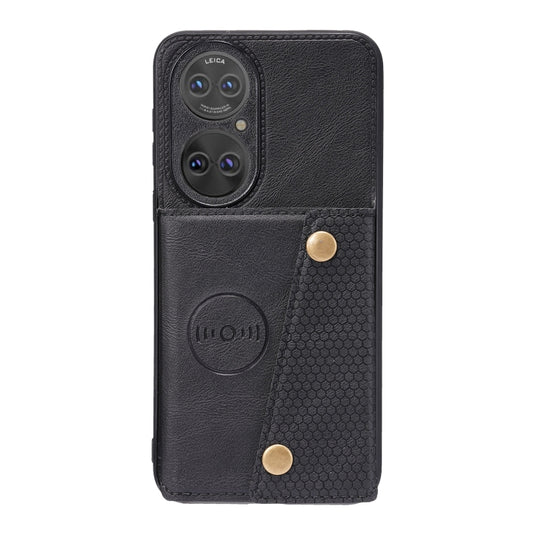 For Huawei P50 Double Buckle PU + TPU Shockproof Magnetic Protective Case with Card Slot & Holder(Black) by buy2fix