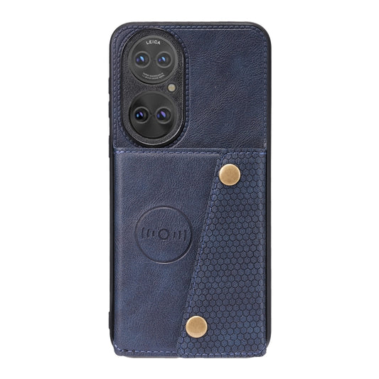 For Huawei P50 Double Buckle PU + TPU Shockproof Magnetic Protective Case with Card Slot & Holder(Blue) by buy2fix