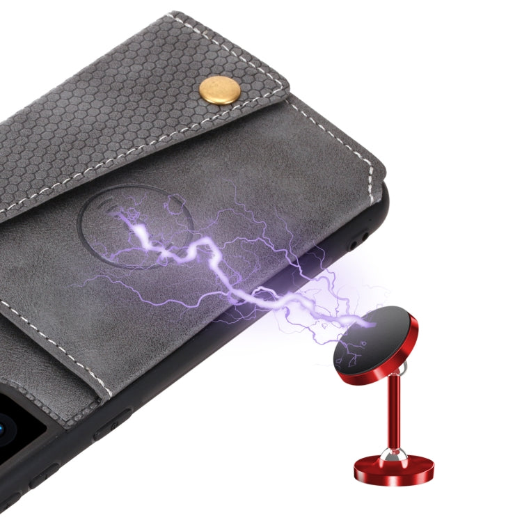 For Samsung Galaxy S21 FE Double Buckle PU + TPU Shockproof Magnetic Protective Case with Card Slot & Holder(Grey) by buy2fix