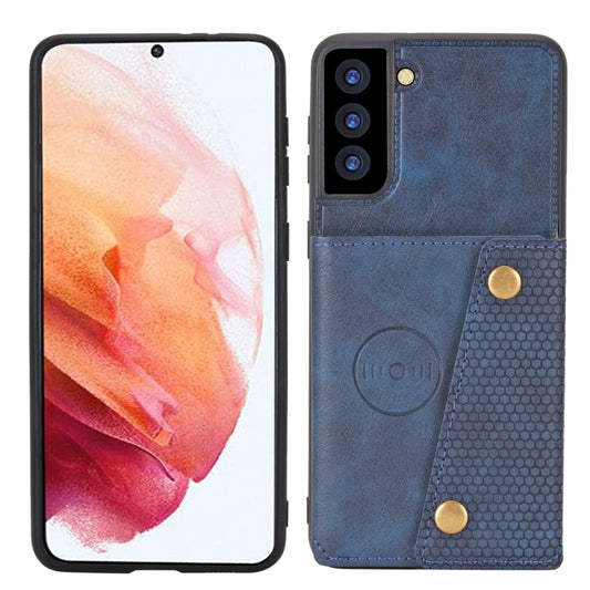 For Samsung Galaxy S21 FE Double Buckle PU + TPU Shockproof Magnetic Protective Case with Card Slot & Holder(Blue) by buy2fix