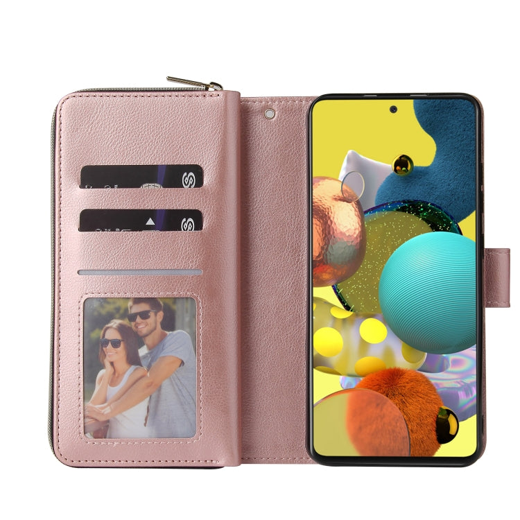 For Samsung Galaxy A52 5G Zipper Wallet Bag Horizontal Flip PU Leather Case with Holder & 9 Card Slots & Wallet & Lanyard & Photo Frame(Rose Gold) by buy2fix