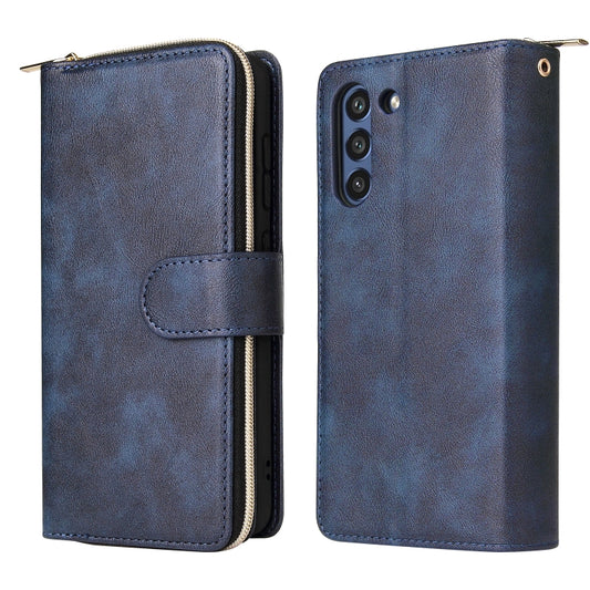 For Samsung Galaxy S21 FE Zipper Wallet Bag Horizontal Flip PU Leather Case with Holder & 9 Card Slots & Wallet & Lanyard & Photo Frame(Blue) by buy2fix