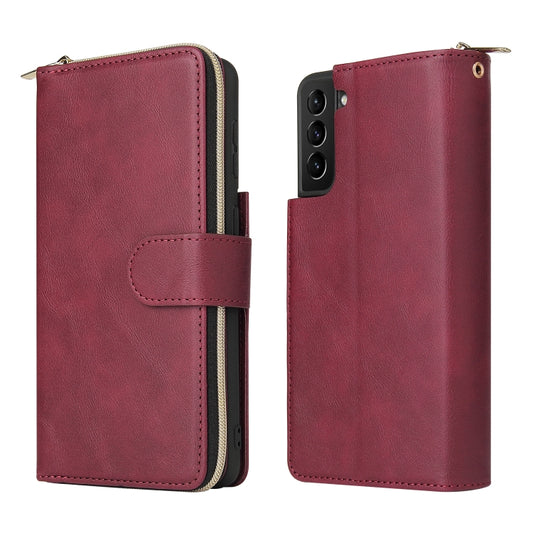 For Samsung Galaxy S21+ Zipper Wallet Bag Horizontal Flip PU Leather Case with Holder & 9 Card Slots & Wallet & Lanyard & Photo Frame(Red Wine) by buy2fix